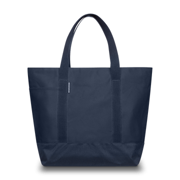 Navy blue canvas tote bag with water-repellent exterior and heavy-weight cotton webbing handles.