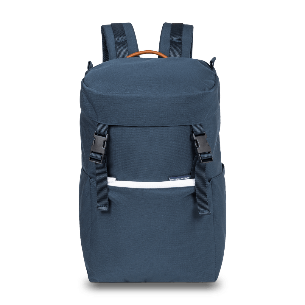 Navy nylon backpack with built in cooler and water bottle sleeves on each side.