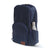 Navy blue laptop backpack with a front zipper and water bottle sleeve holding a grey bottle.