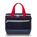 Navy medium cooler bag with a front and top zipper and red handles.
