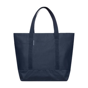 Navy blue canvas tote bag with water-repellent exterior and heavy-weight cotton webbing handles.