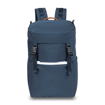 Navy nylon backpack with built in cooler and water bottle sleeves on each side.