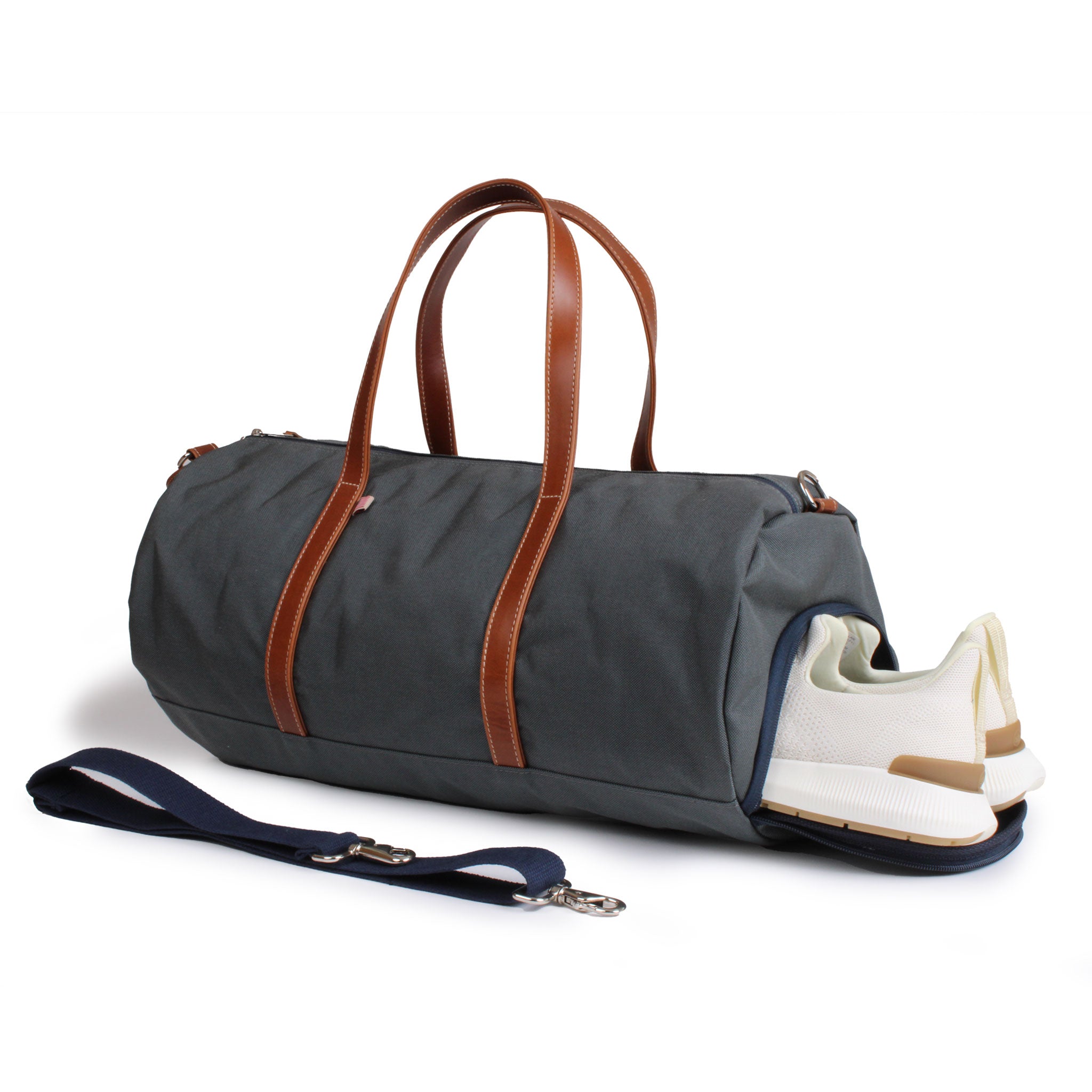 Barrel Duffel Bag Grey Brown with Shoe Laptop Compartments Hudson Sutler