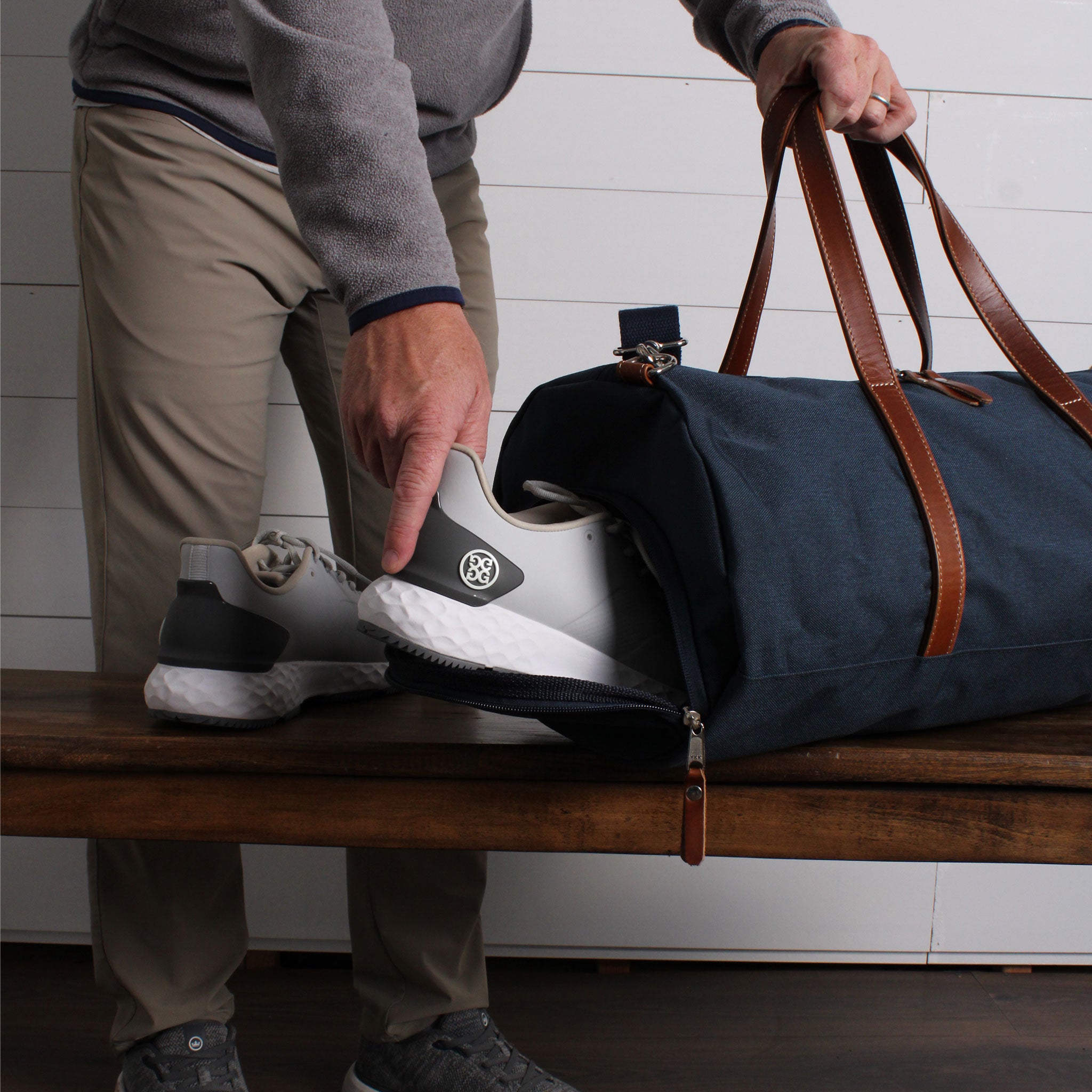Wilmington Duffel with Shoe Compartment Navy Whiskey Brown Hudson Sutler