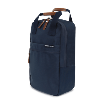 A navy blue nylon shoe bag with partially leather-wrapped handles and a front zipper.