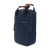 A navy blue nylon shoe bag with partially leather-wrapped handles and a front zipper.