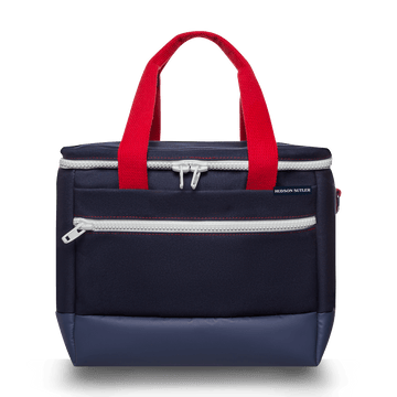 Navy medium cooler bag with a front and top zipper and red handles.
